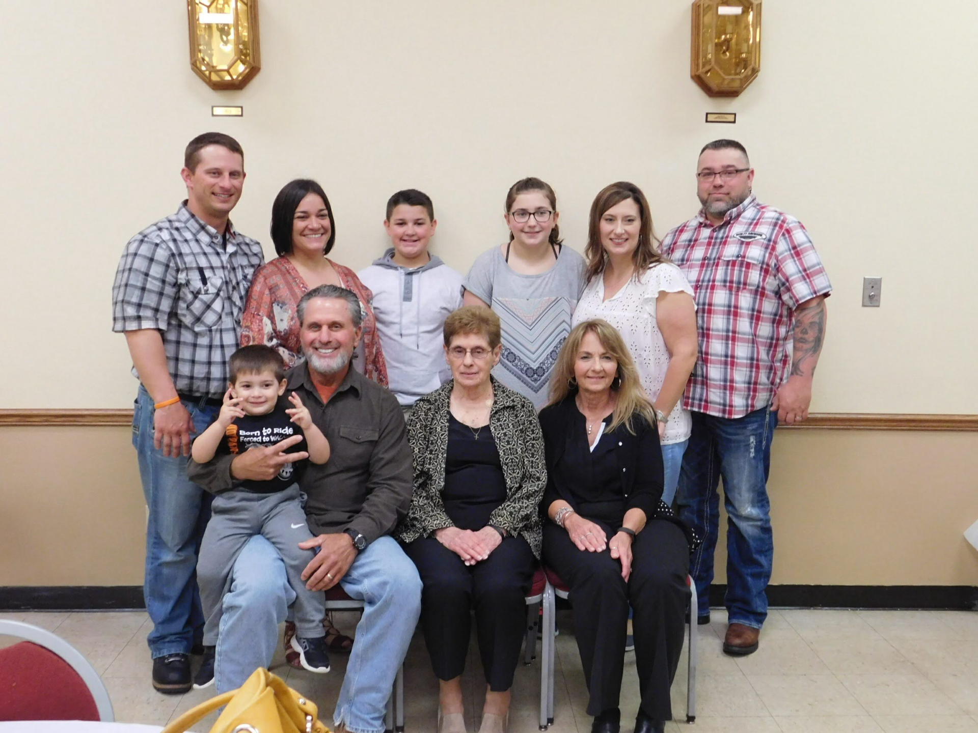 Standing: Nick, Kate, Ryder, Brielle, Katie and Tim  Sitting: Reid, John, Mom (Grandma) and Kay